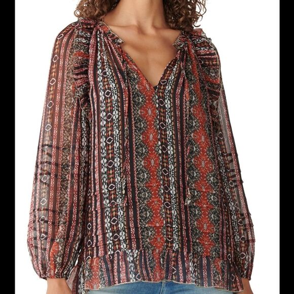 Lucky Brand Chiffon Printed Peasant Top - Picture 4 of 6